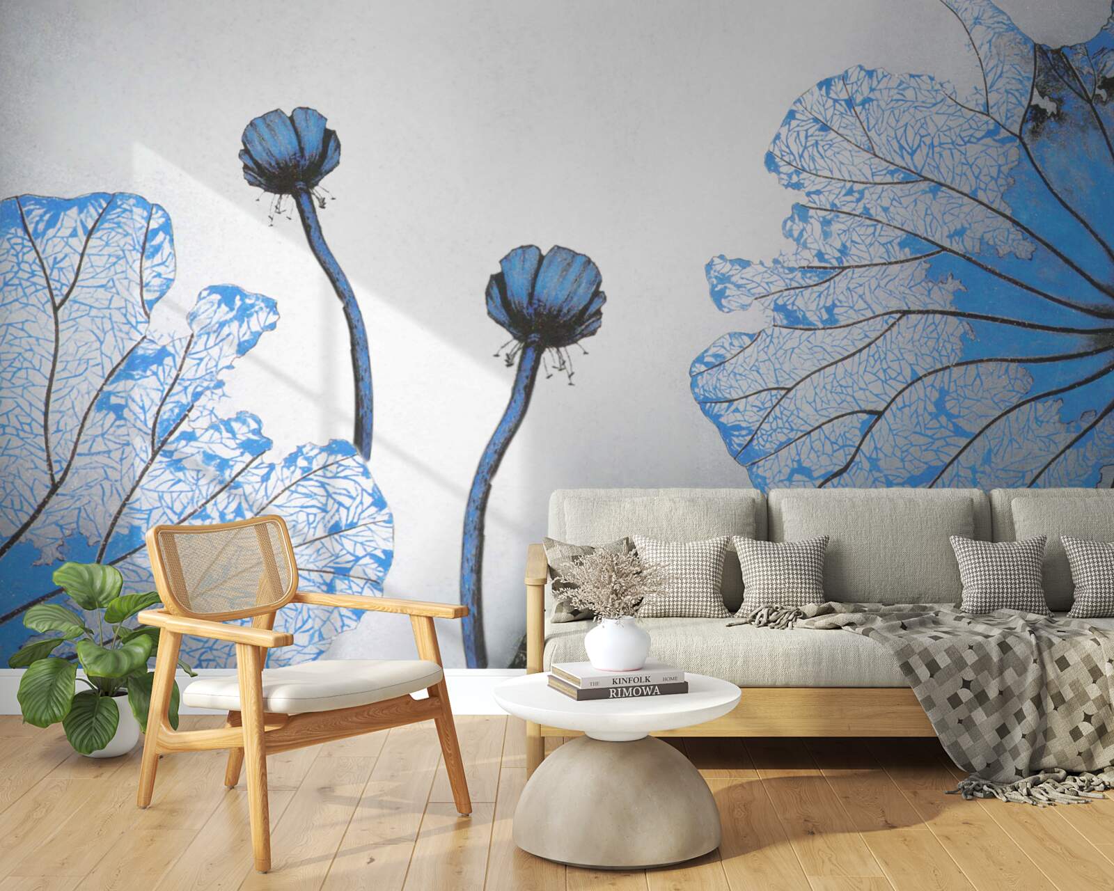 Fotobehang mistige klaprozen met blauwe knoppen