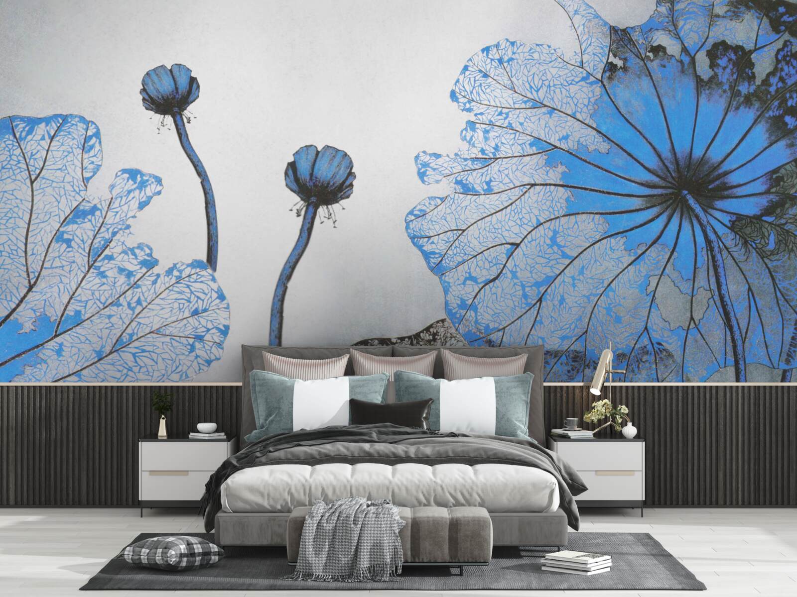 Fotobehang mistige klaprozen met blauwe knoppen