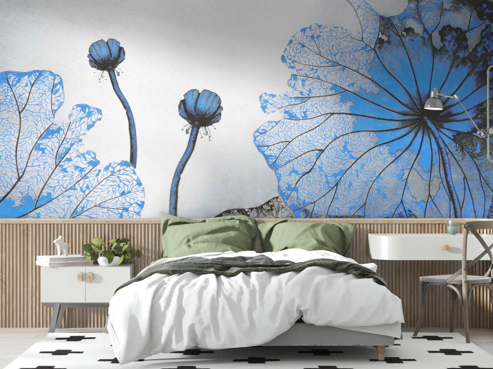 Fotobehang mistige klaprozen met blauwe knoppen