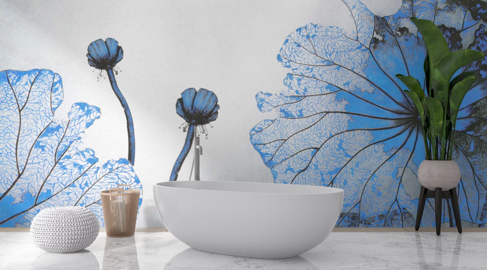 Fotobehang mistige klaprozen met blauwe knoppen