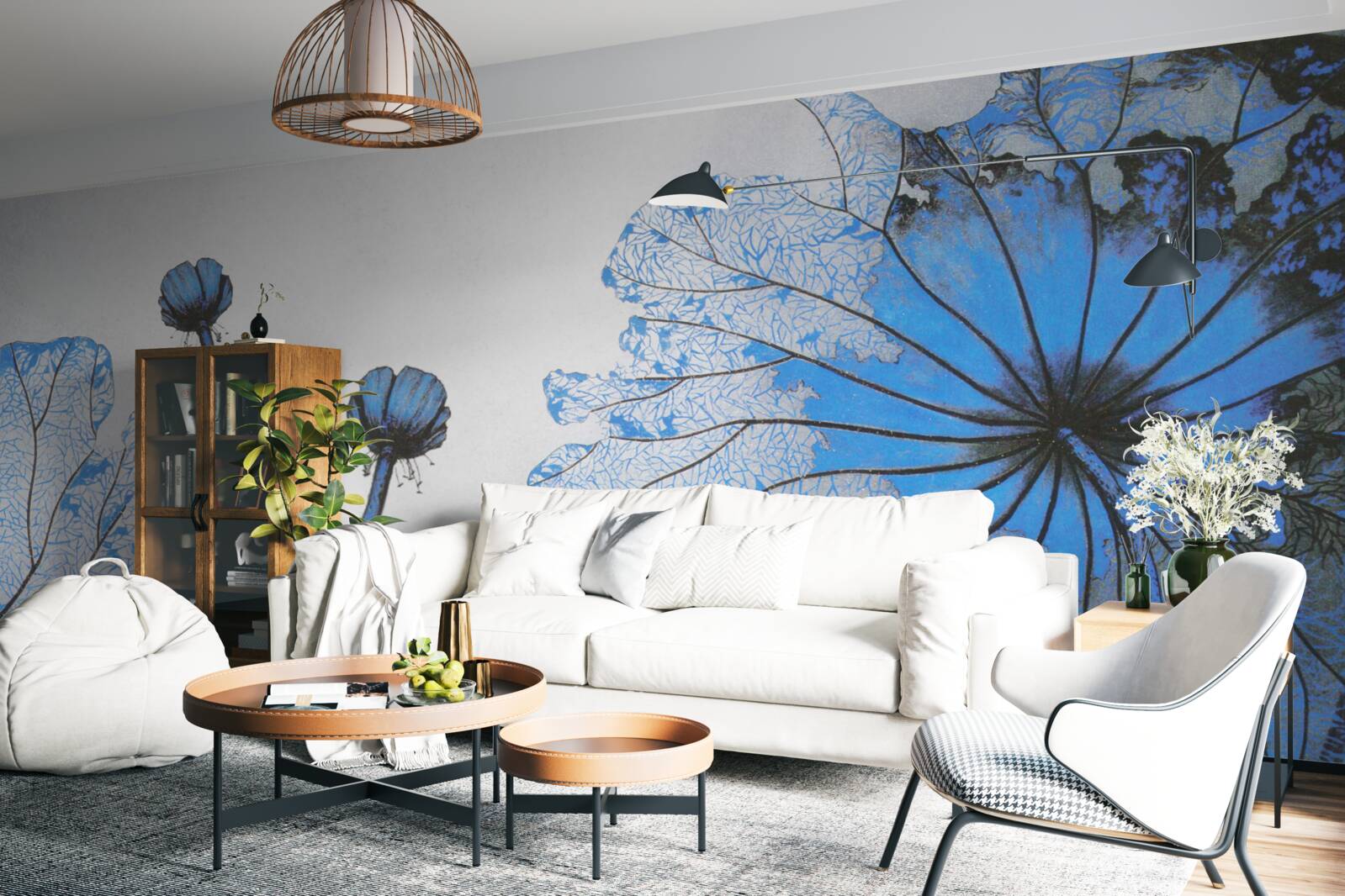 Fotobehang mistige klaprozen met blauwe knoppen