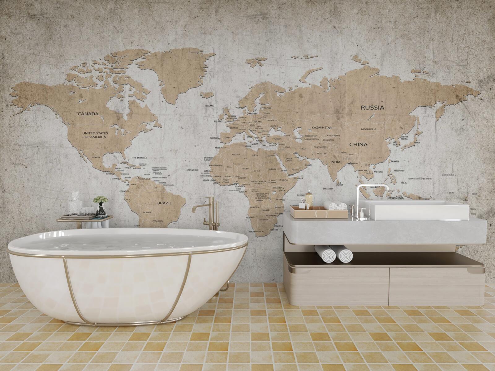 Fotobehang een gematigd geografisch wereldbeeld aan de muur