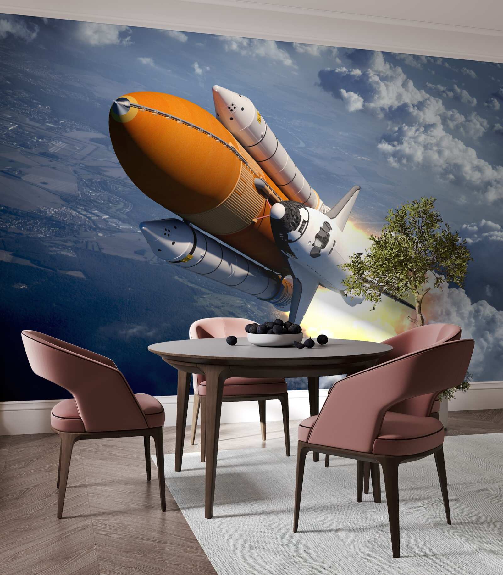 Fotobehang een raket vliegt tussen de wolken