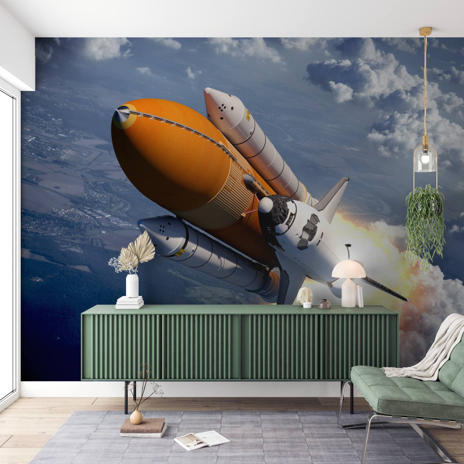 Fotobehang een raket vliegt tussen de wolken