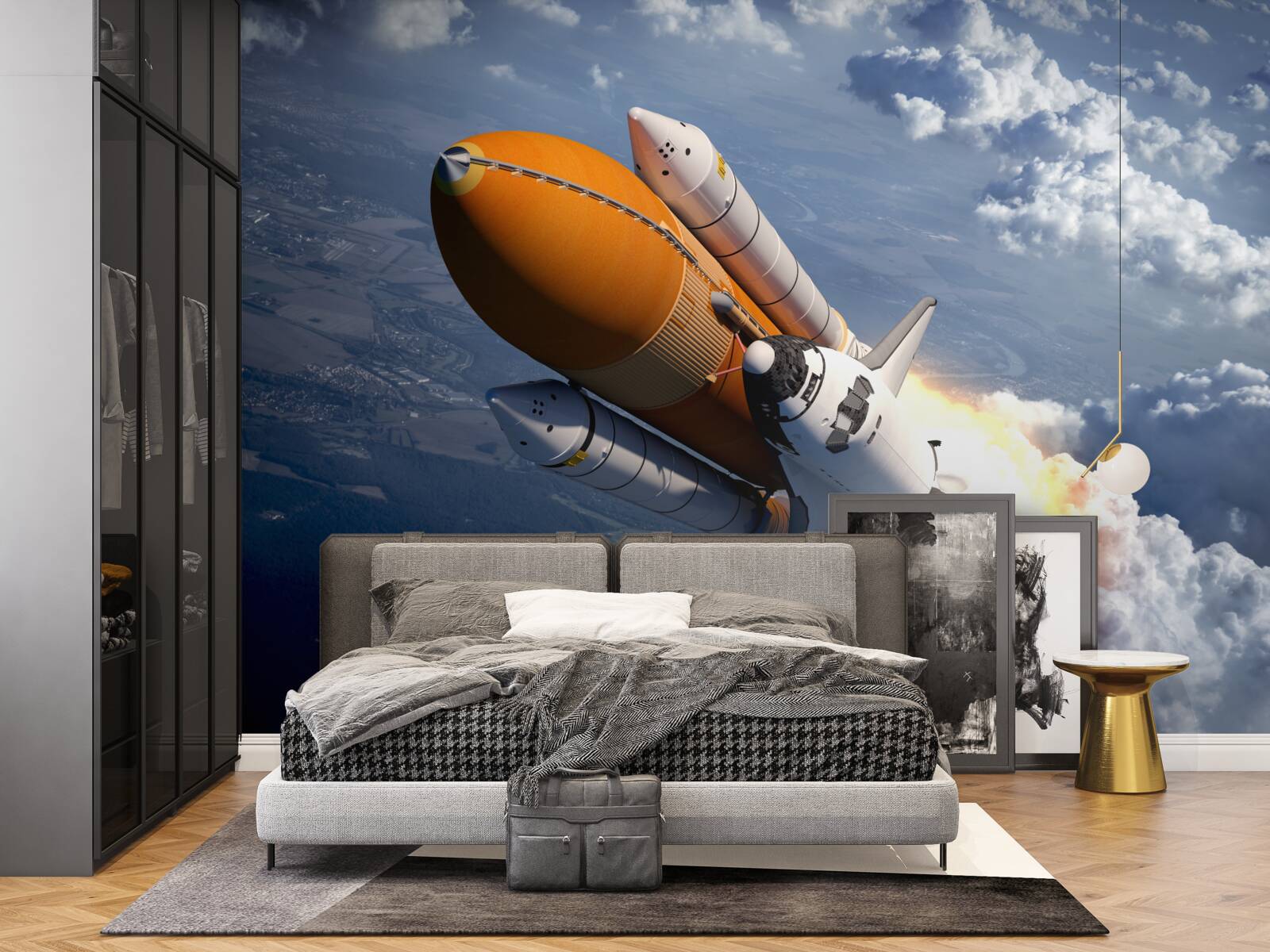 Fotobehang een raket vliegt tussen de wolken