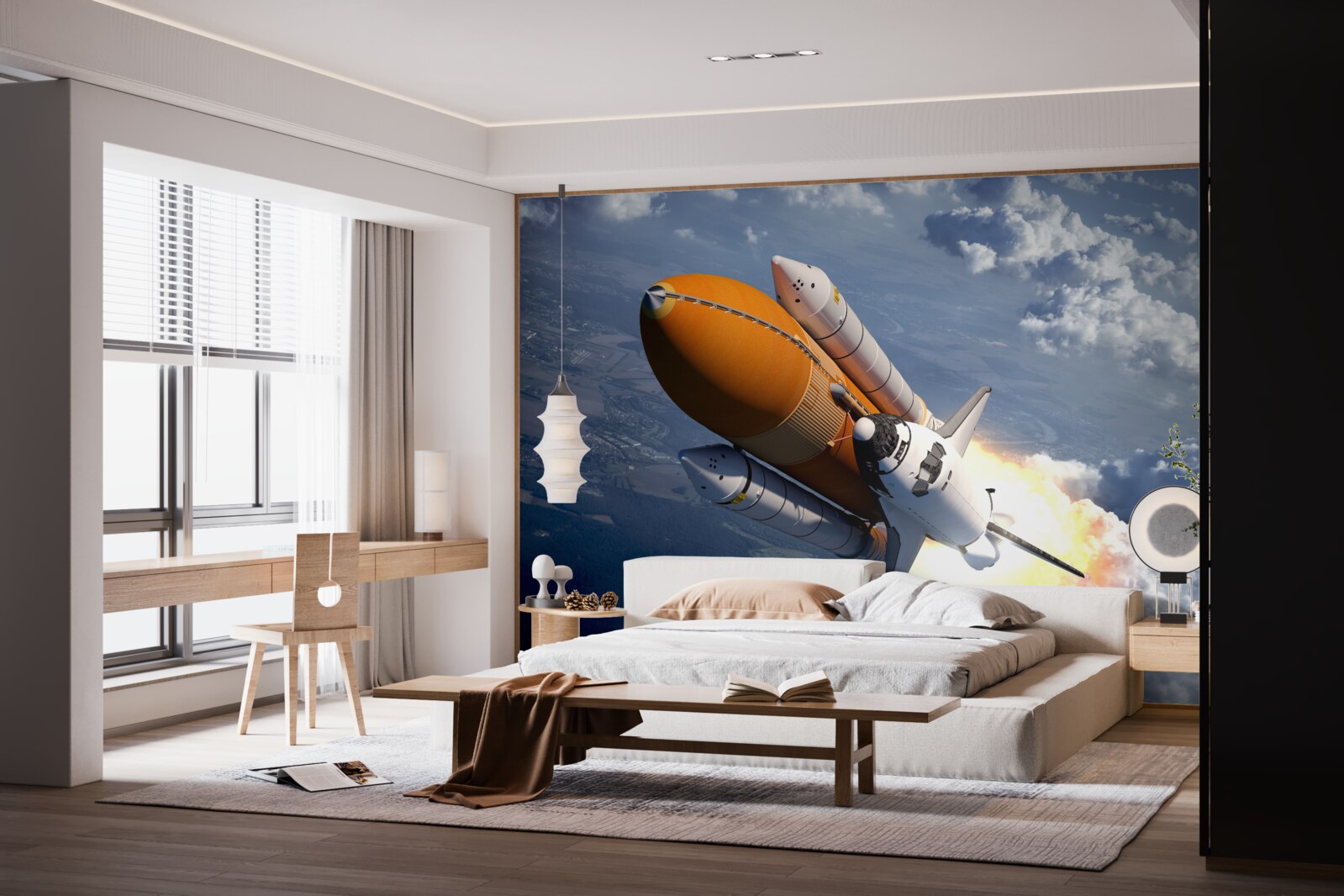 Fotobehang een raket vliegt tussen de wolken