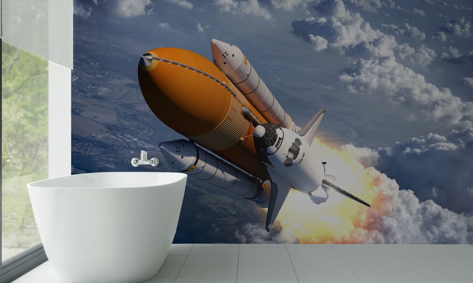 Fotobehang een raket vliegt tussen de wolken