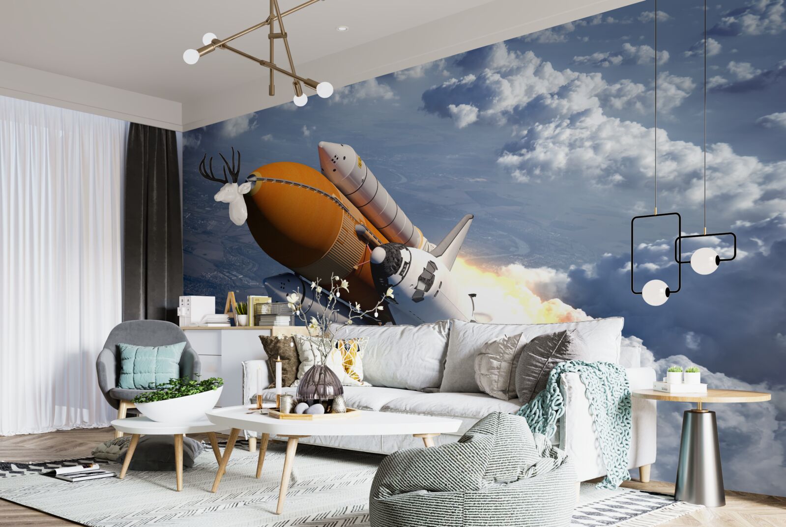 Fotobehang een raket vliegt tussen de wolken