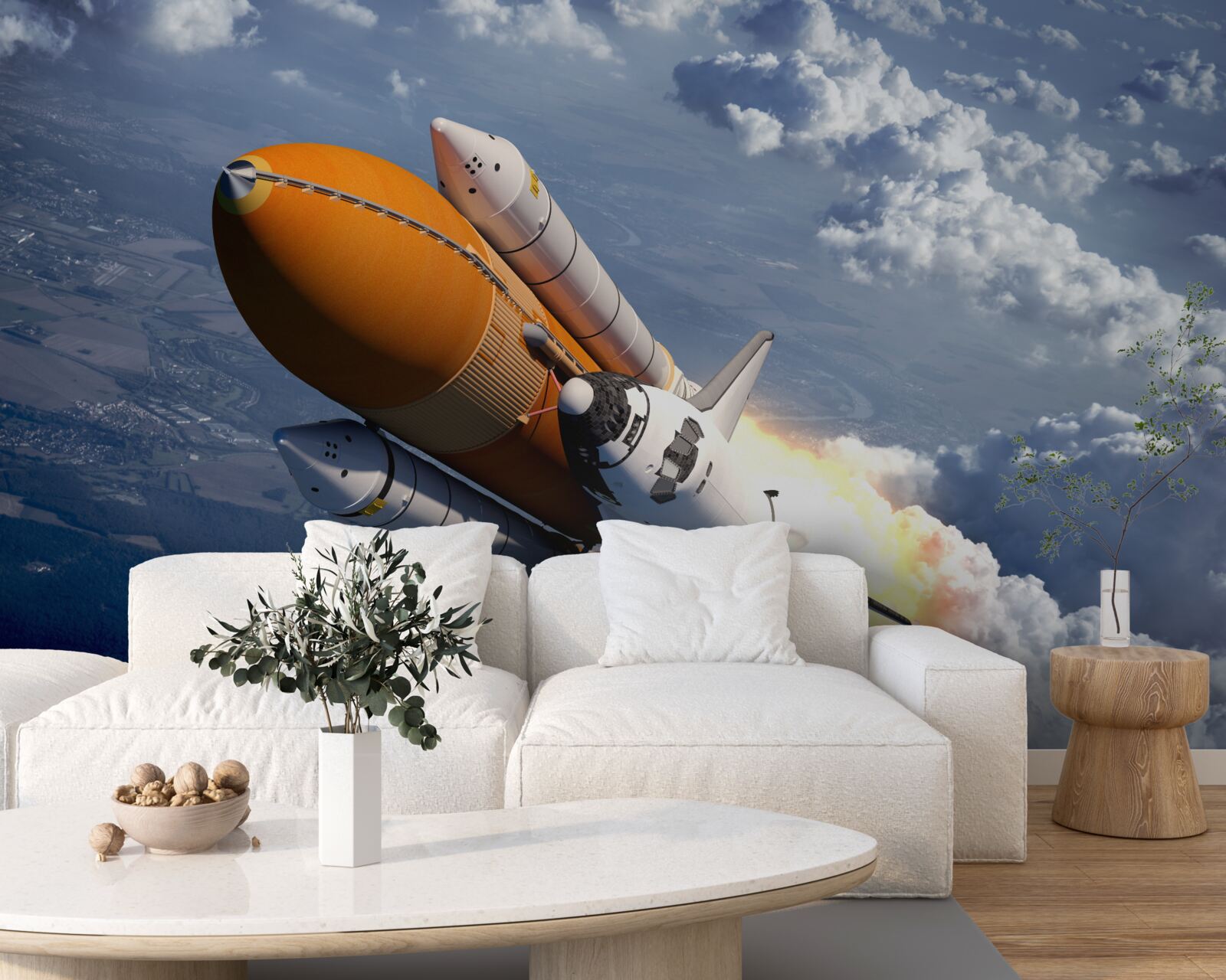 Fotobehang een raket vliegt tussen de wolken