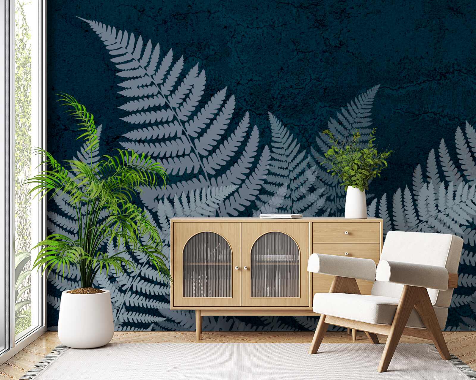 Fotobehang Gloeiende varenbladeren op een sombere nacht