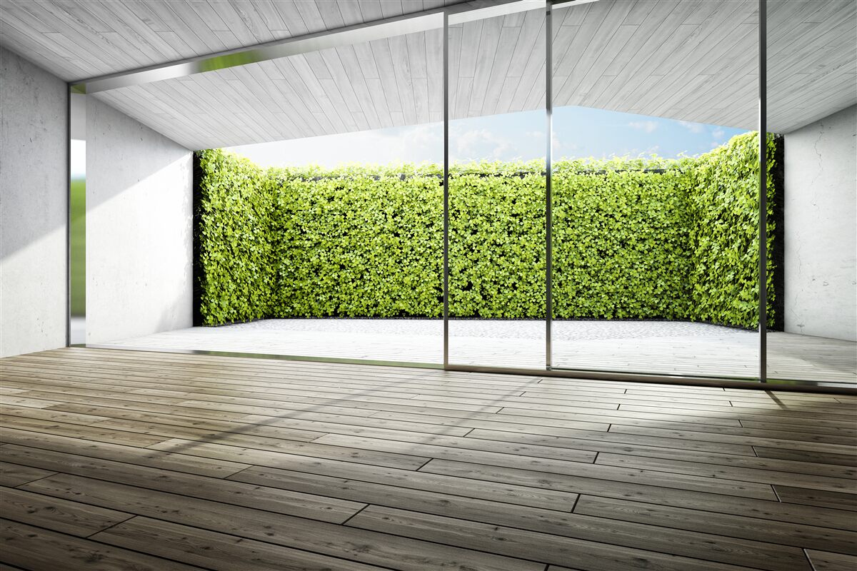 Fotobehang balkon met transparante muren met uitzicht op de tuin