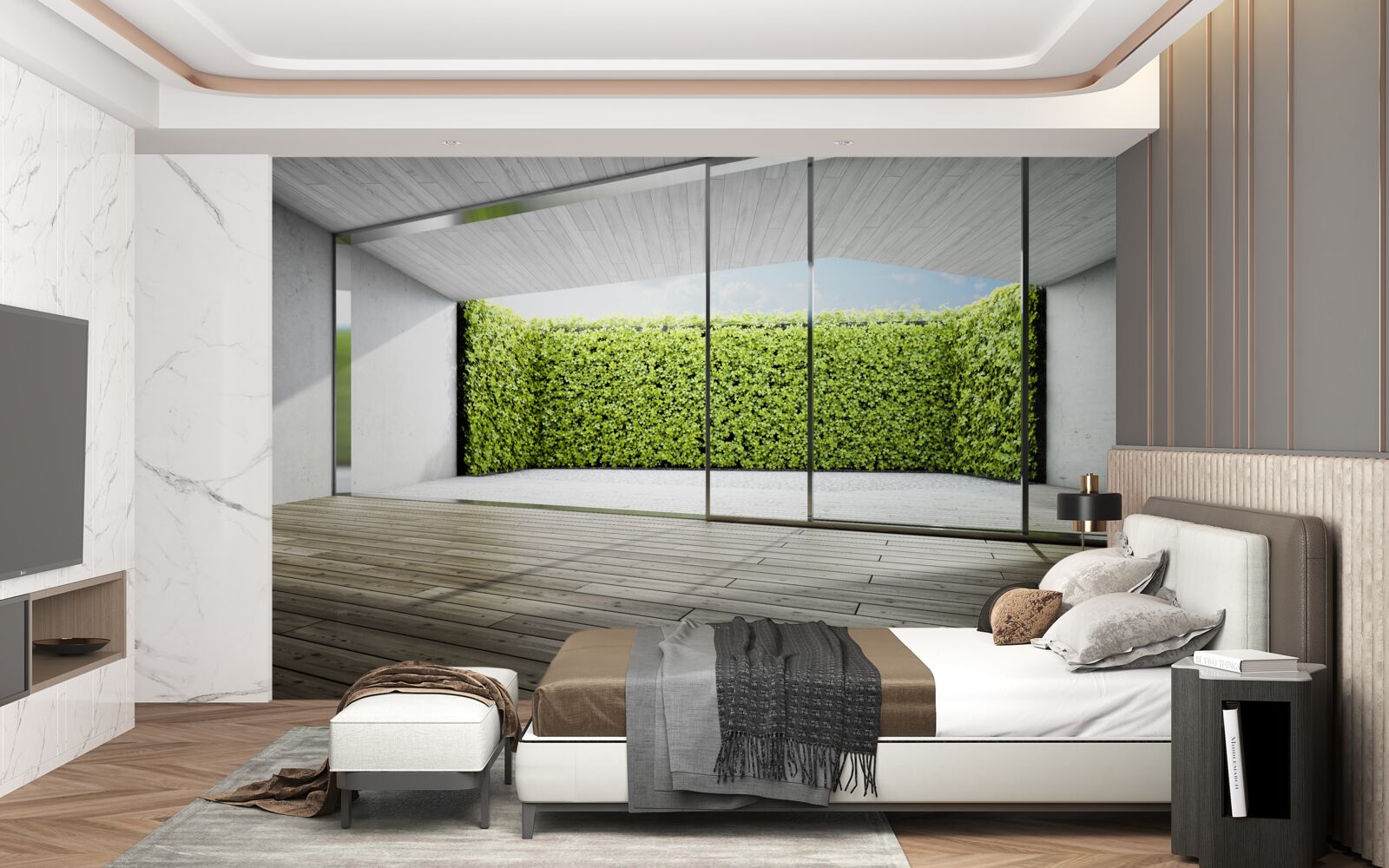 Fotobehang balkon met transparante muren met uitzicht op de tuin