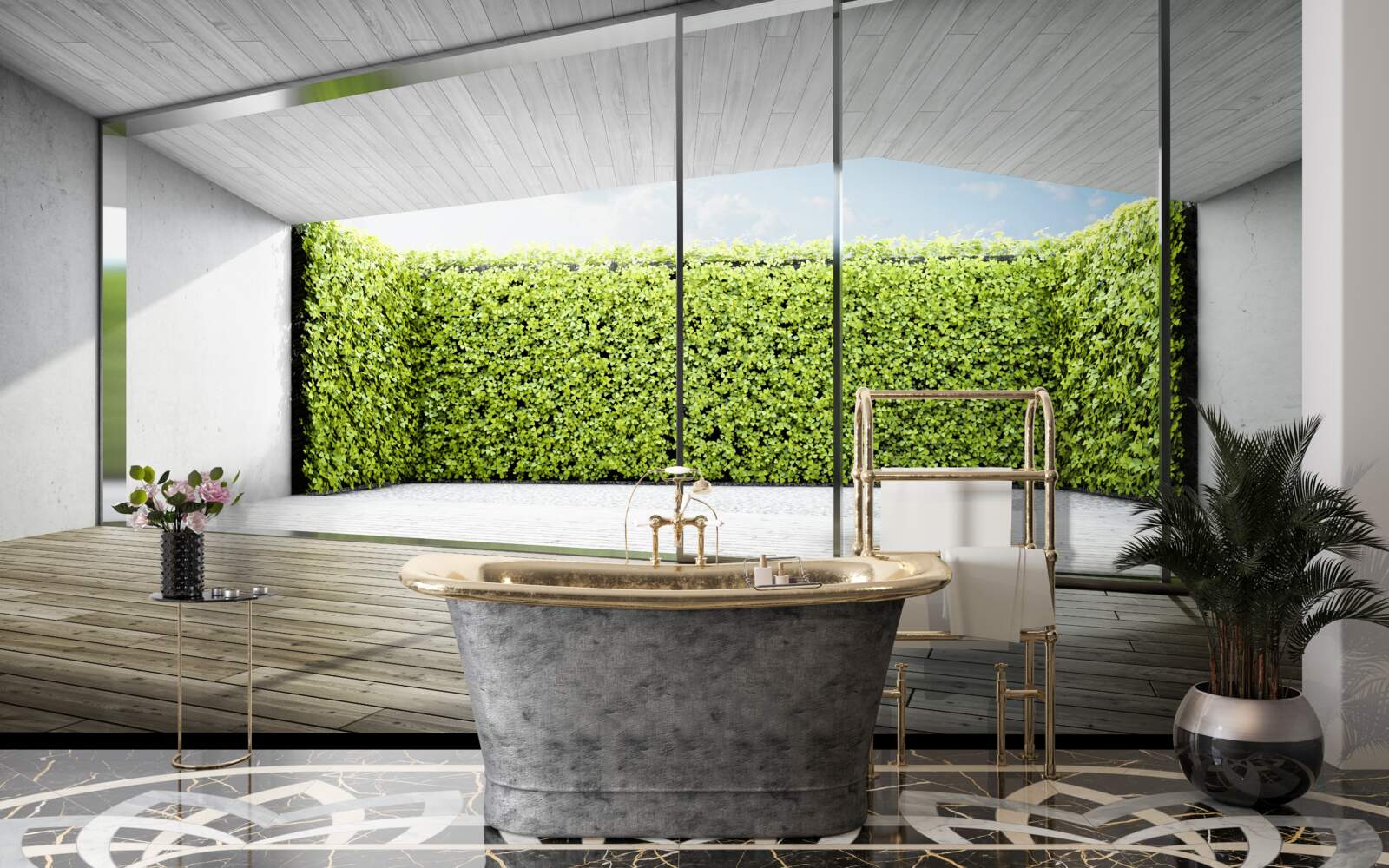 Fotobehang balkon met transparante muren met uitzicht op de tuin