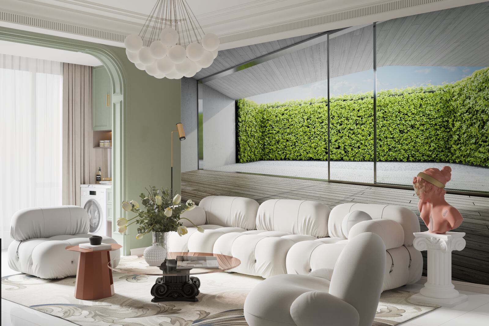 Fotobehang balkon met transparante muren met uitzicht op de tuin