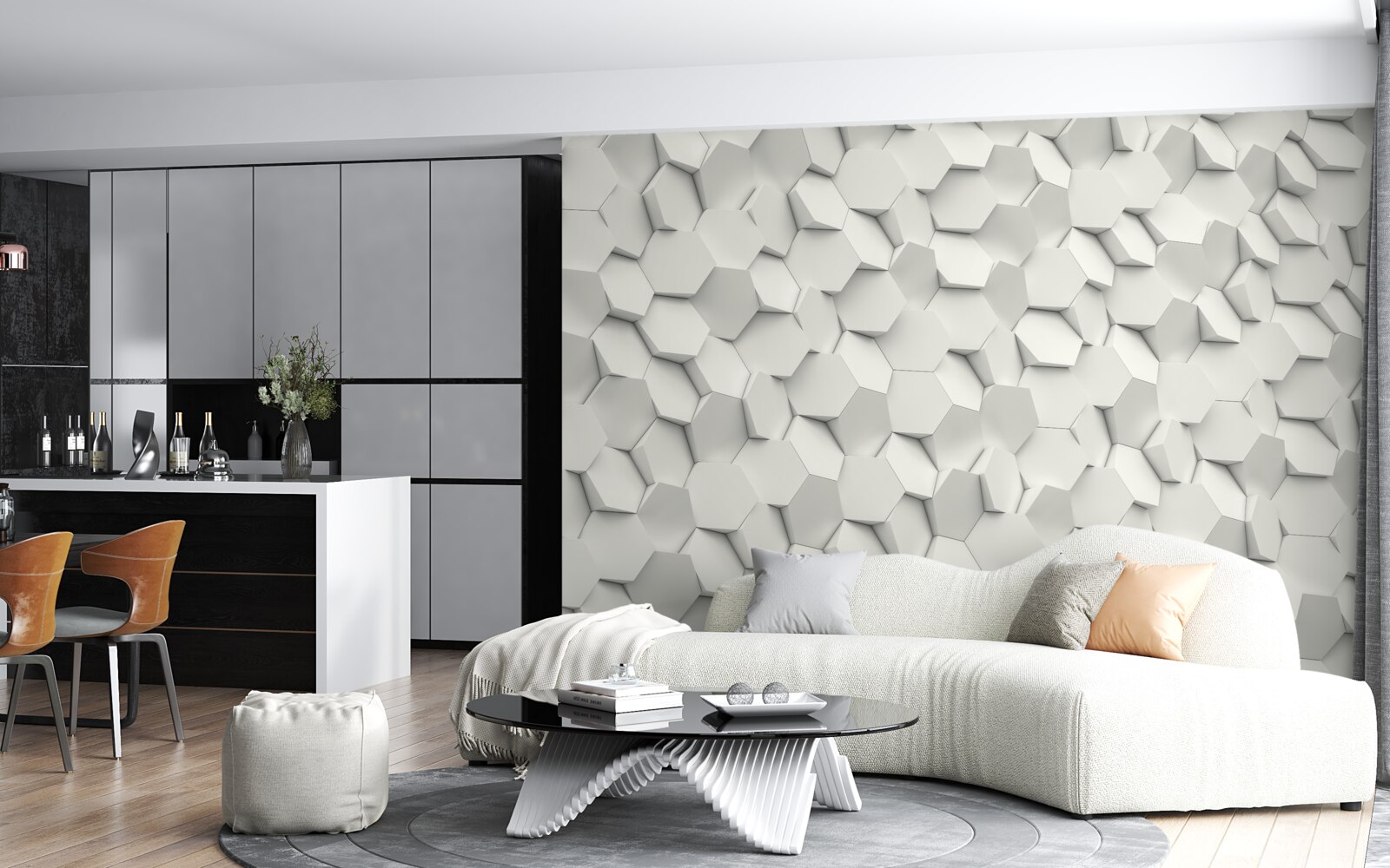 Fotobehang witte en grijze zeshoeken met volume