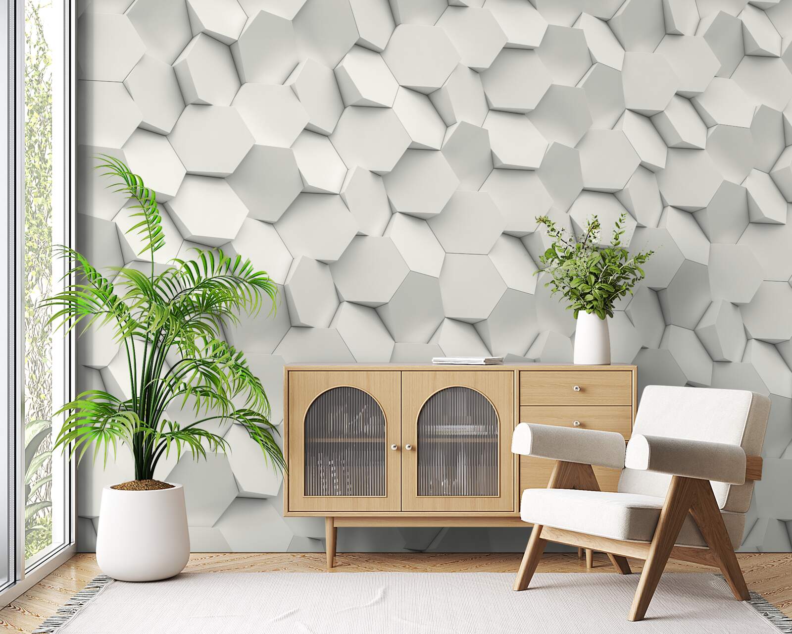 Fotobehang witte en grijze zeshoeken met volume