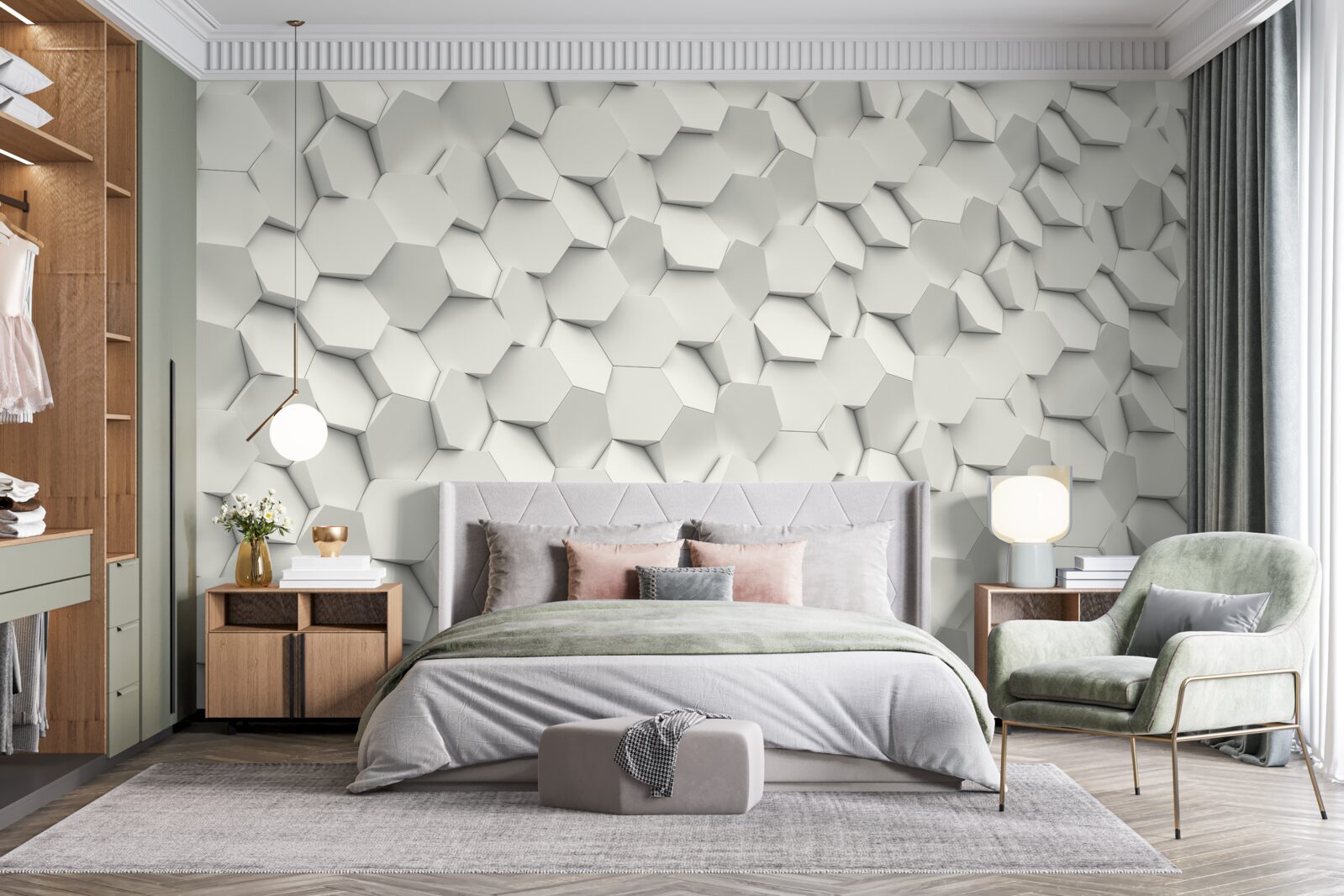 Fotobehang witte en grijze zeshoeken met volume