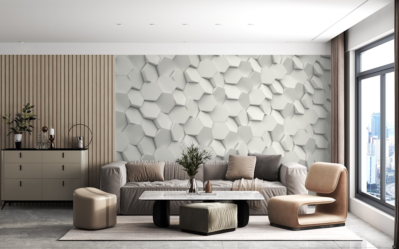 Fotobehang witte en grijze zeshoeken met volume