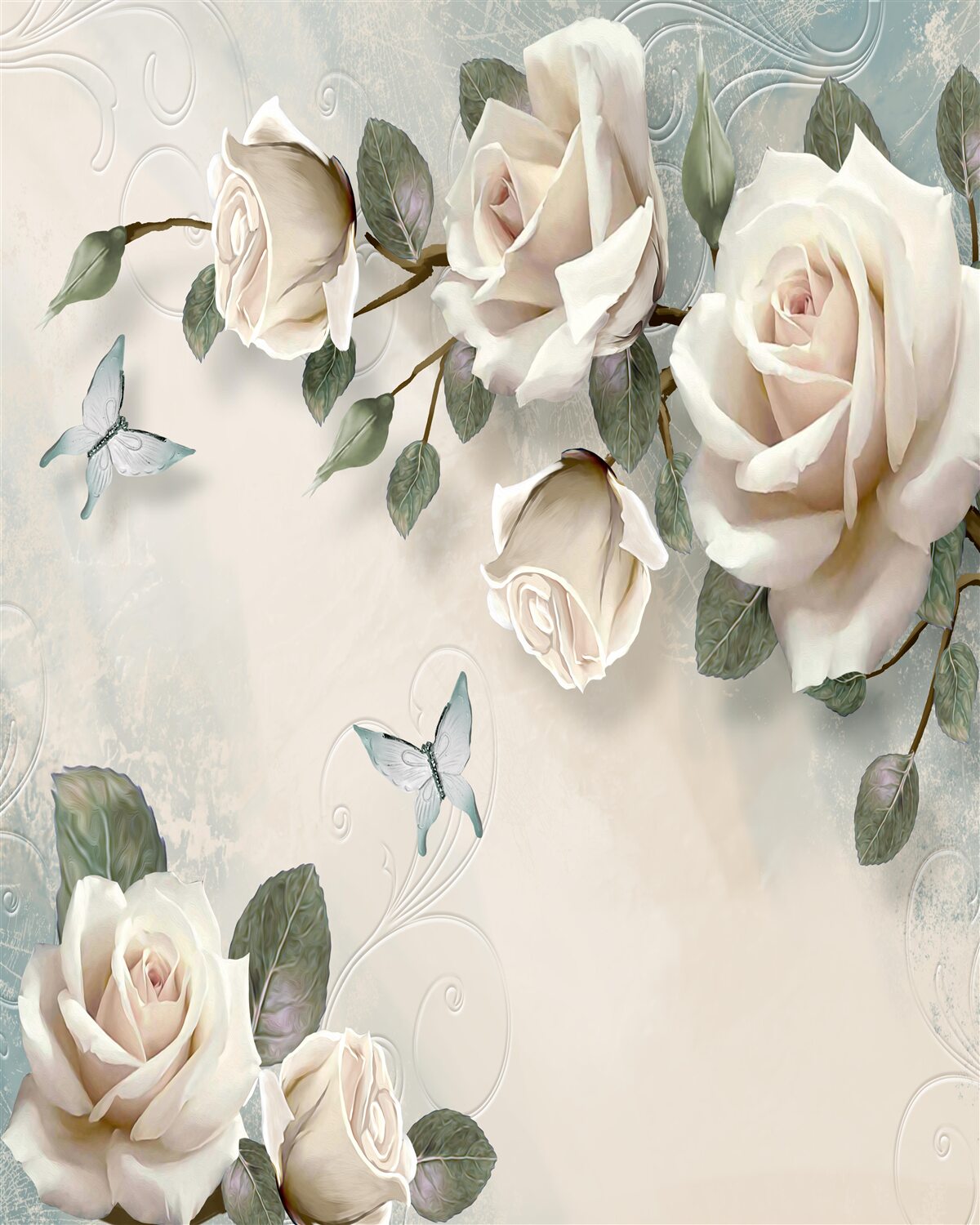 Fotobehang takken van een grote crèmekleurige rozenstruik