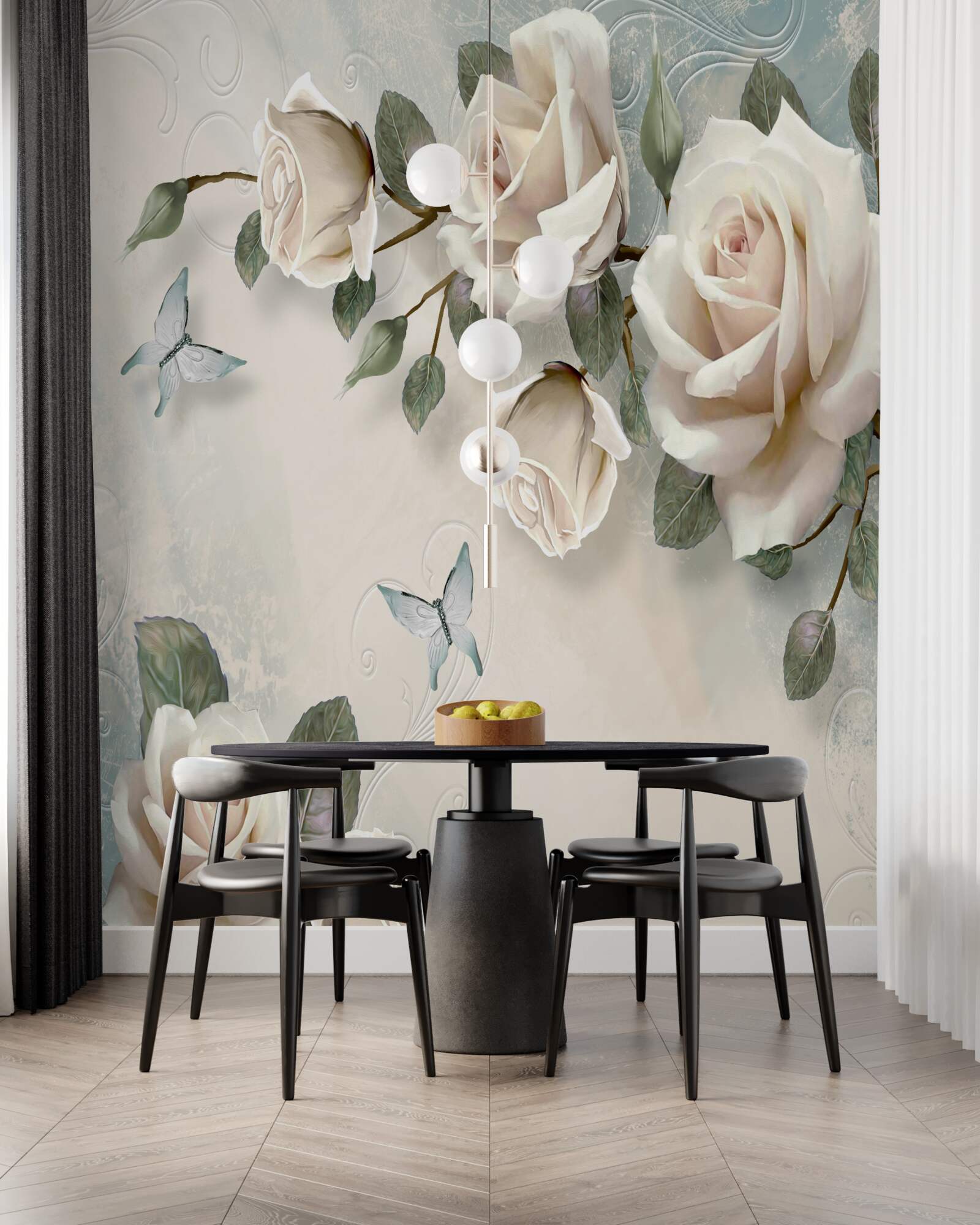 Fotobehang takken van een grote crèmekleurige rozenstruik