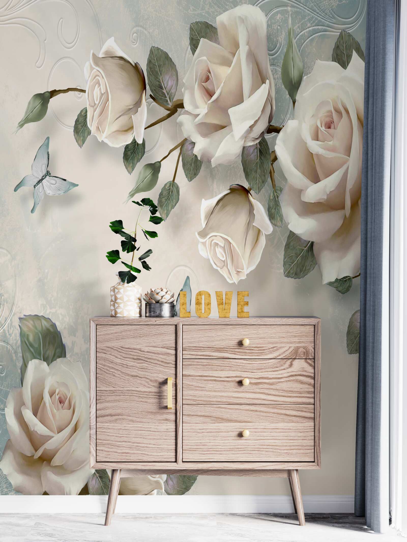 Fotobehang takken van een grote crèmekleurige rozenstruik