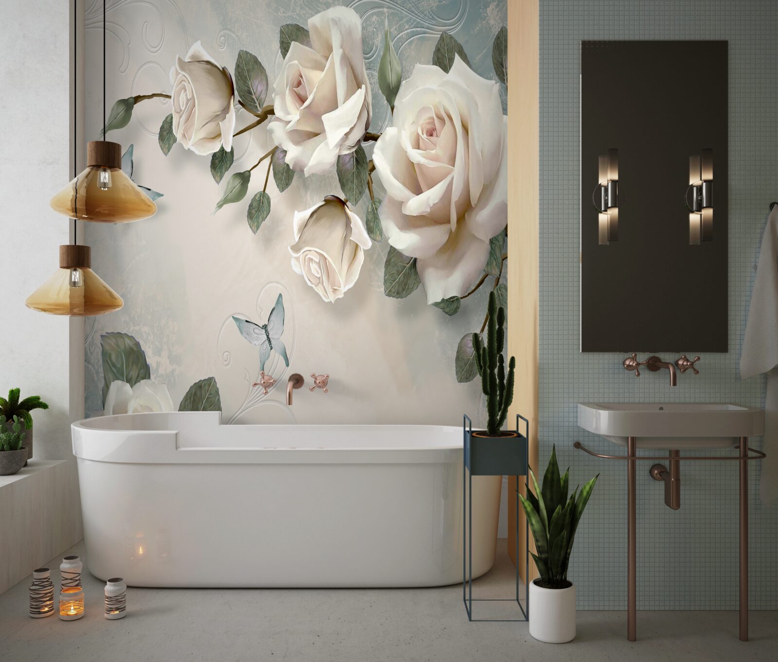 Fotobehang takken van een grote crèmekleurige rozenstruik