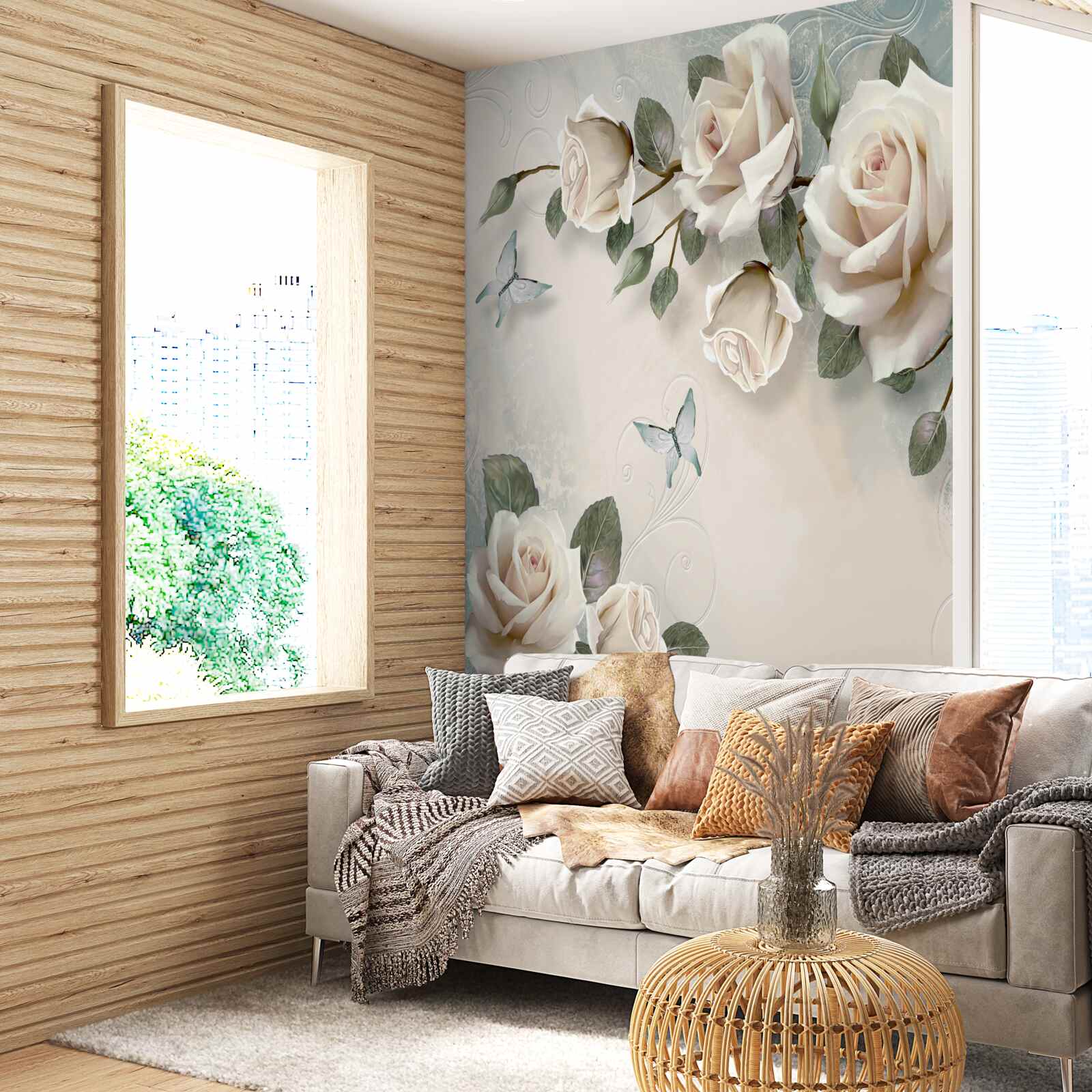 Fotobehang takken van een grote crèmekleurige rozenstruik