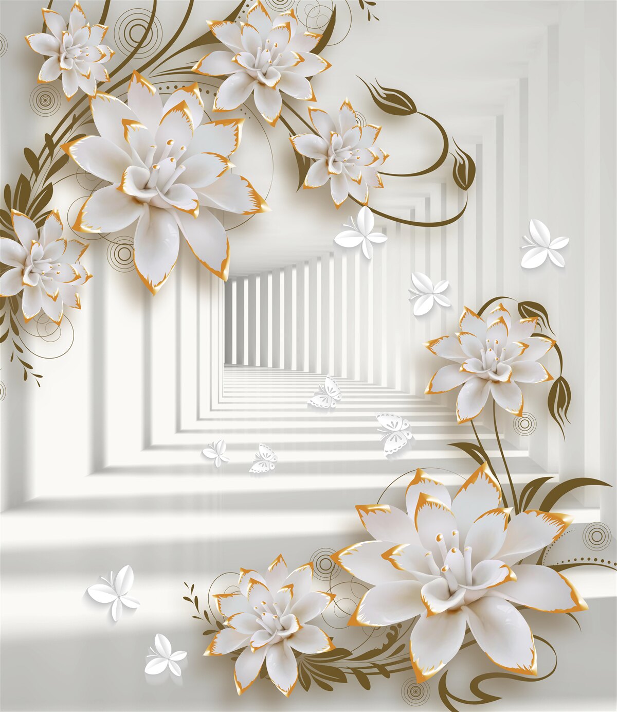 Fotobehang een met lotusbloemen begroeide gang reikt tot in de verte