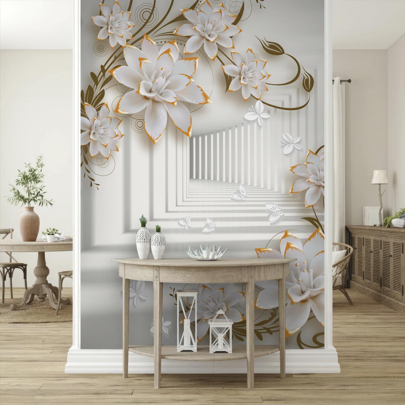 Fotobehang een met lotusbloemen begroeide gang reikt tot in de verte