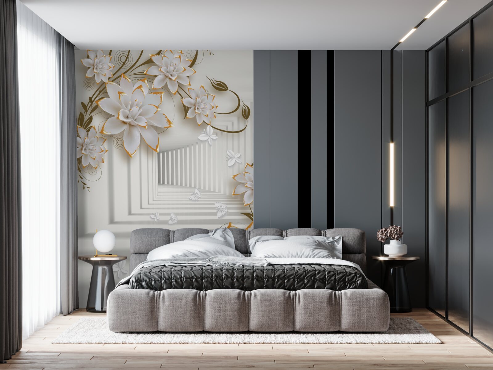 Fotobehang een met lotusbloemen begroeide gang reikt tot in de verte