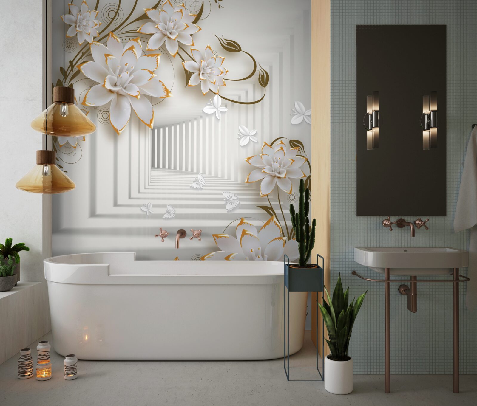 Fotobehang een met lotusbloemen begroeide gang reikt tot in de verte