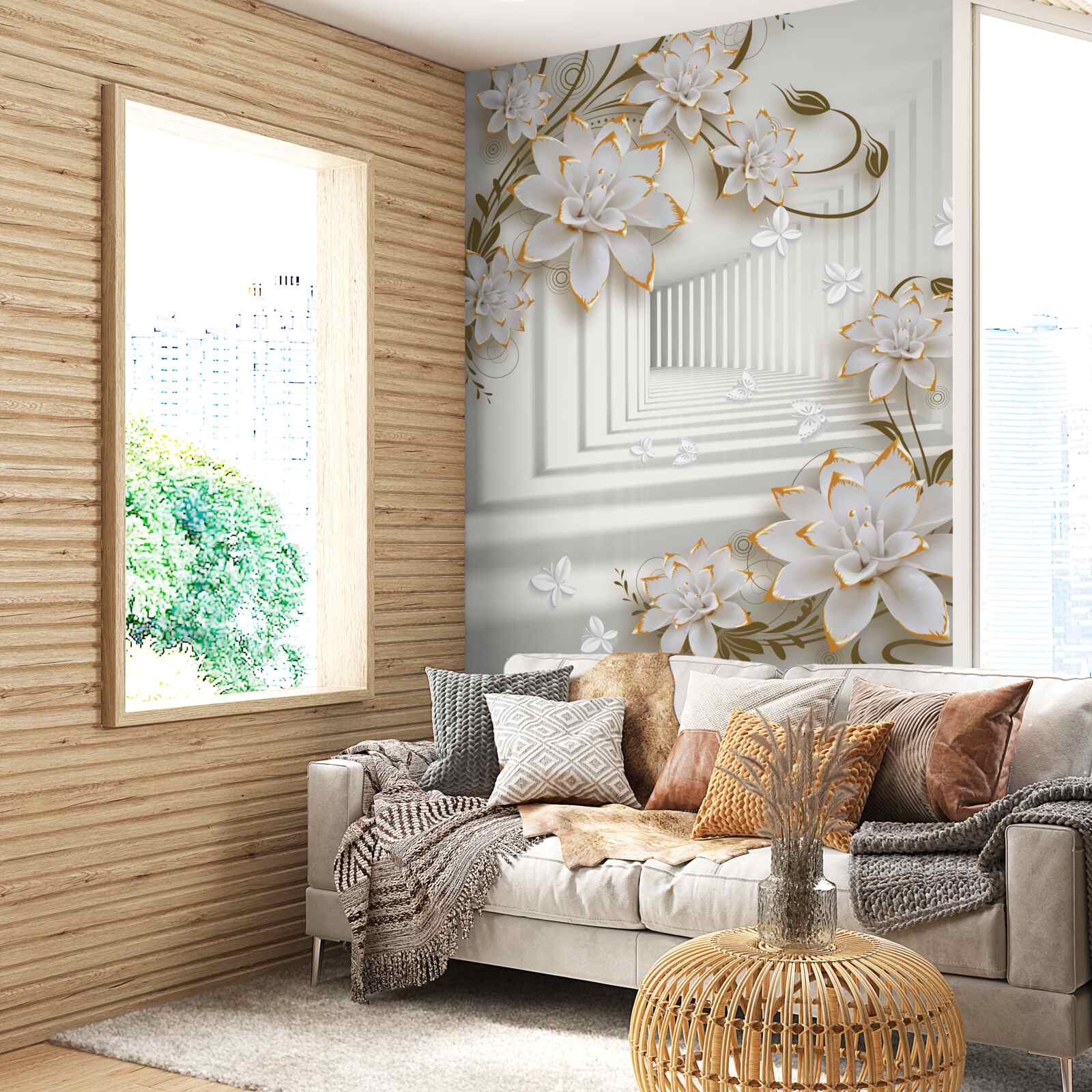 Fotobehang een met lotusbloemen begroeide gang reikt tot in de verte