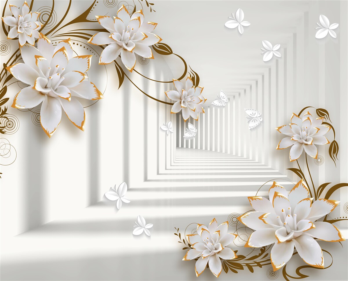 Fotobehang tegen de achtergrond van de gang een witte lotus in een gouden frame