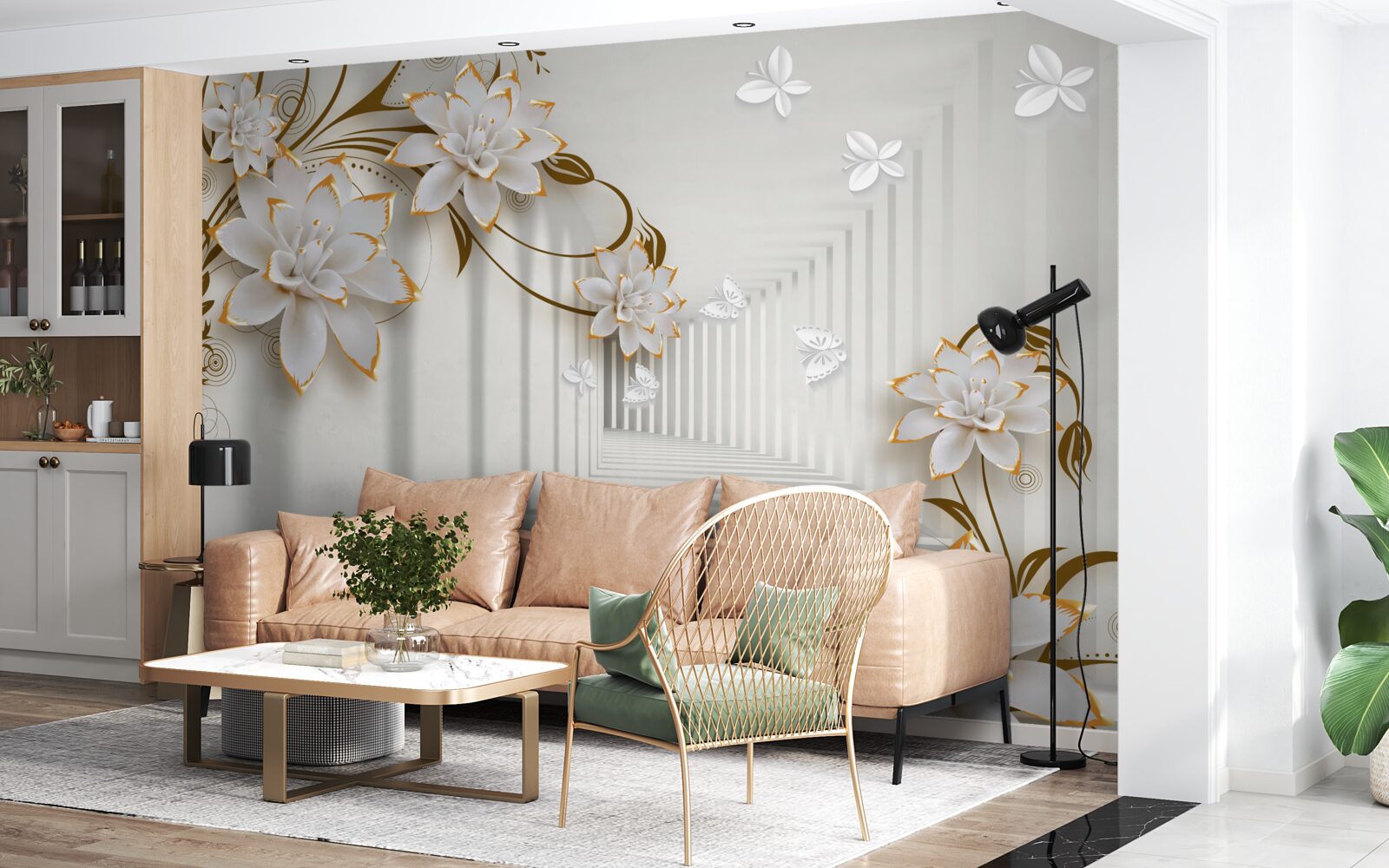 Fotobehang tegen de achtergrond van de gang een witte lotus in een gouden frame