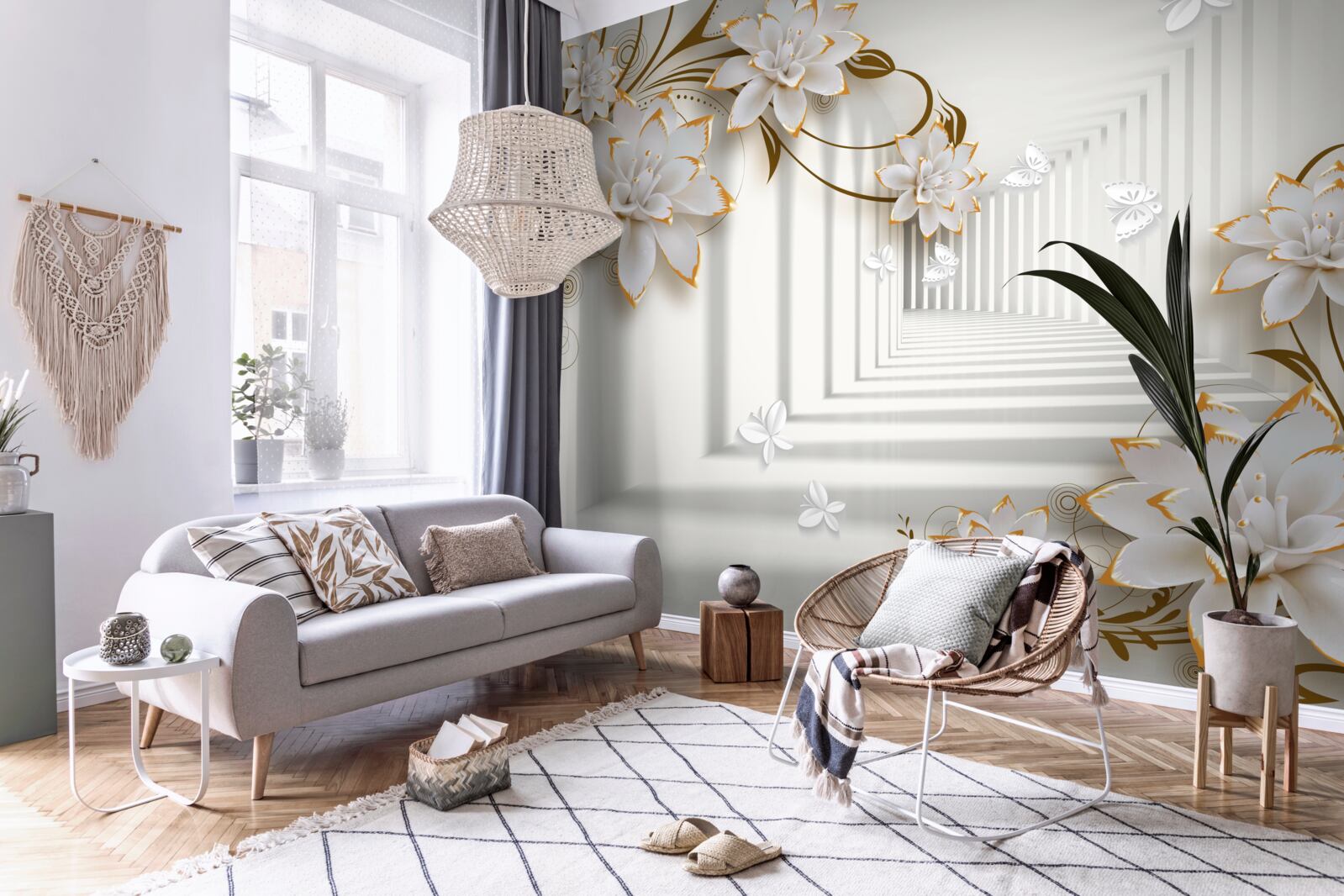 Fotobehang tegen de achtergrond van de gang een witte lotus in een gouden frame