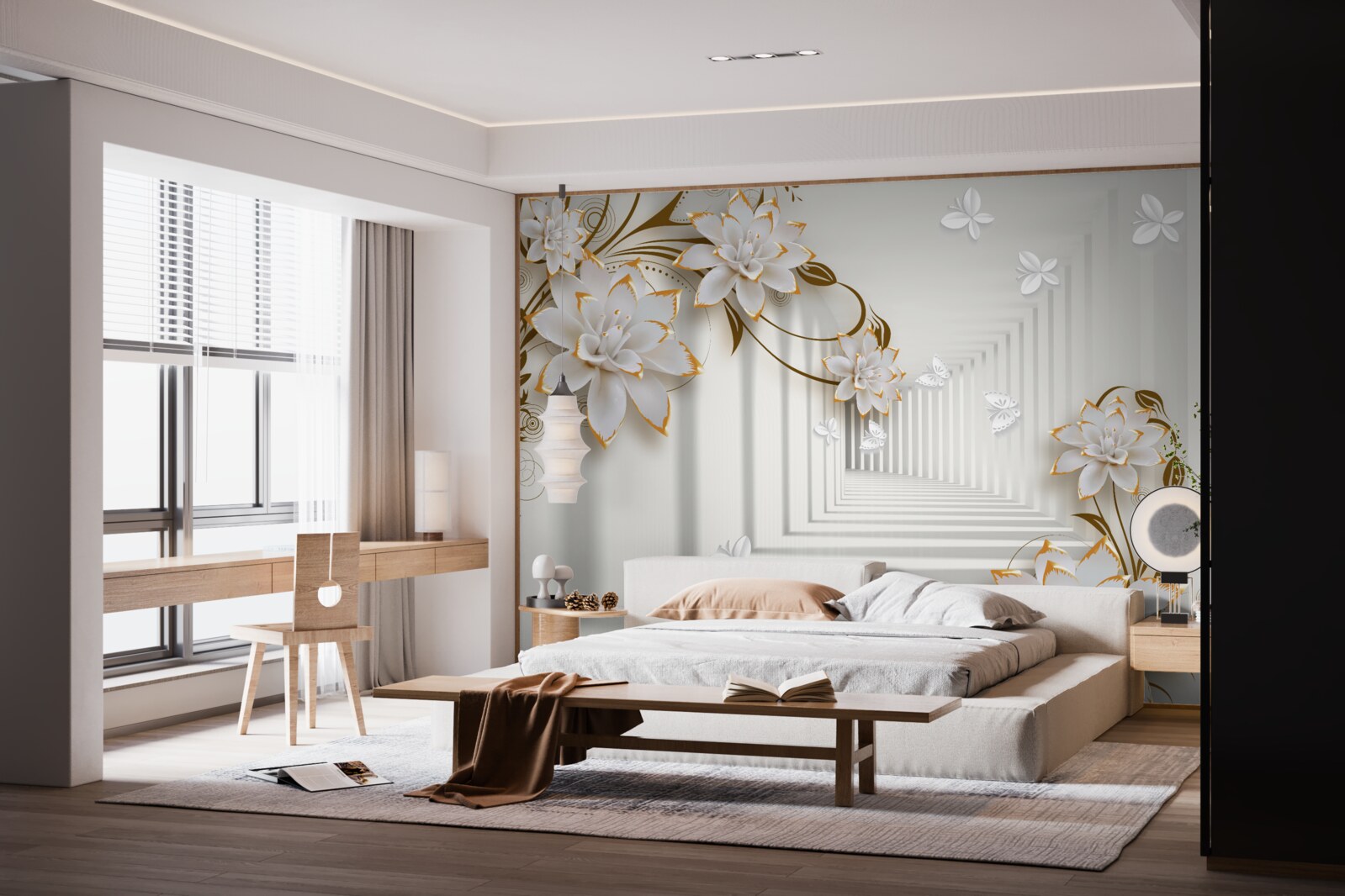 Fotobehang tegen de achtergrond van de gang een witte lotus in een gouden frame