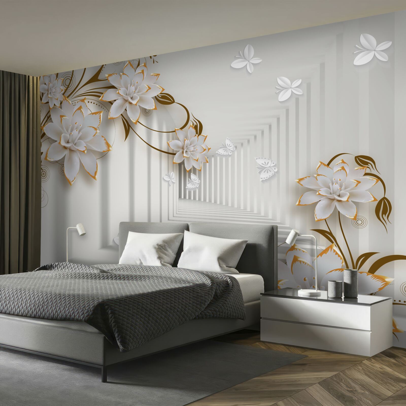 Fotobehang tegen de achtergrond van de gang een witte lotus in een gouden frame