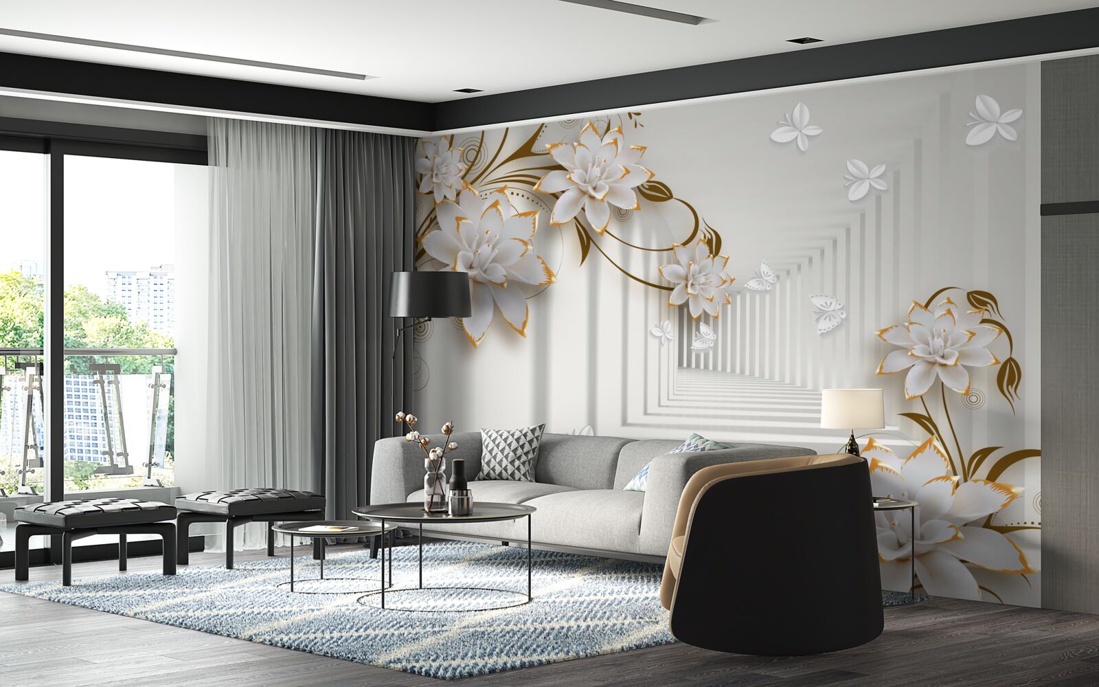 Fotobehang tegen de achtergrond van de gang een witte lotus in een gouden frame