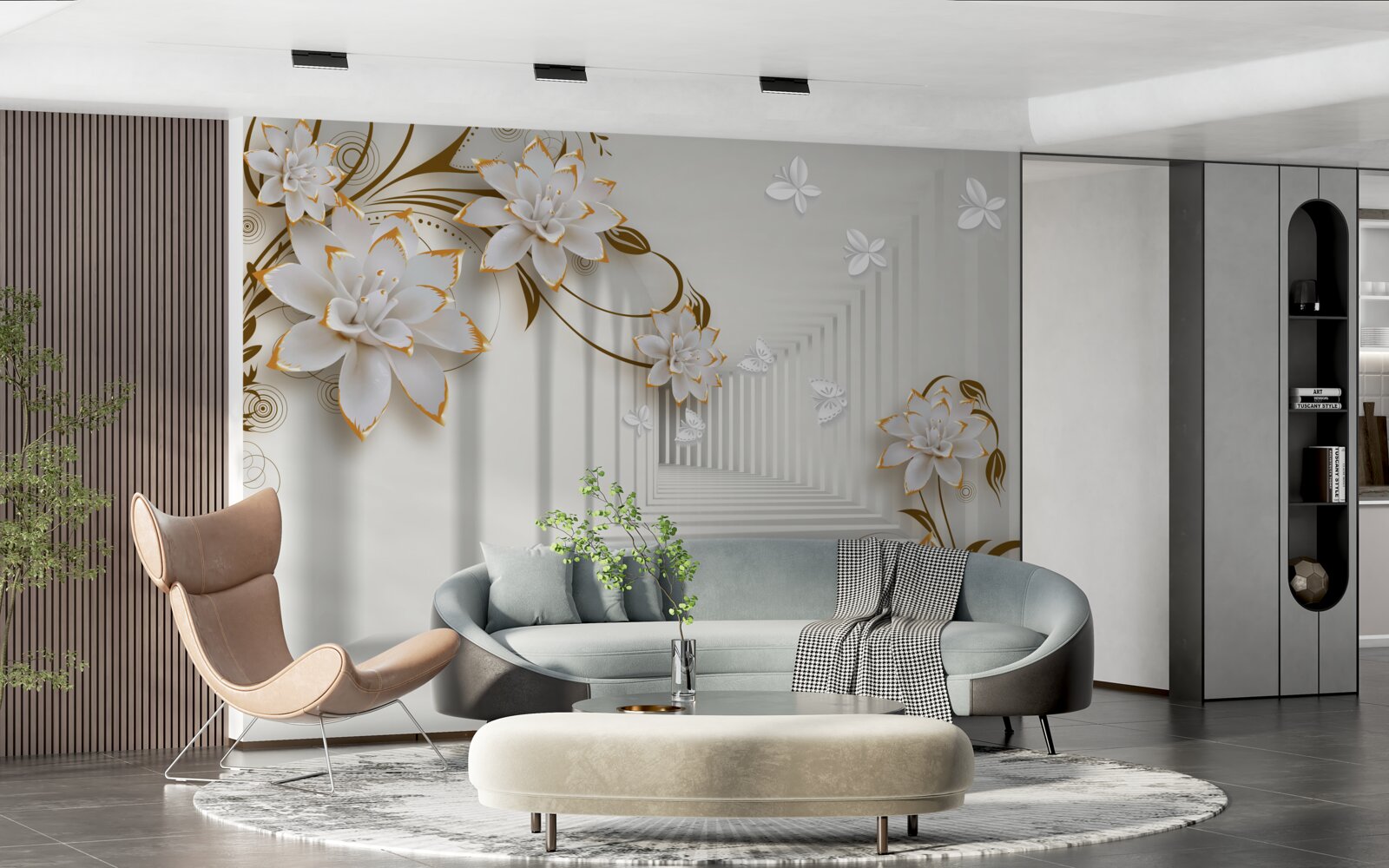 Fotobehang tegen de achtergrond van de gang een witte lotus in een gouden frame