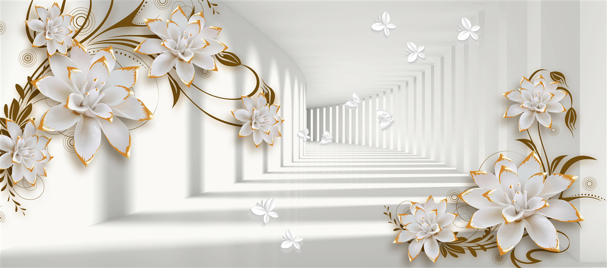 Fotobehang witte lotussen op een abstracte achtergrond, versierd met goud