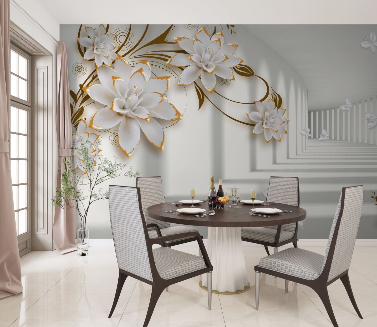 Fotobehang witte lotussen op een abstracte achtergrond, versierd met goud