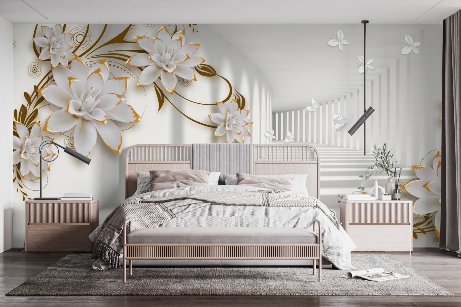 Fotobehang witte lotussen op een abstracte achtergrond, versierd met goud