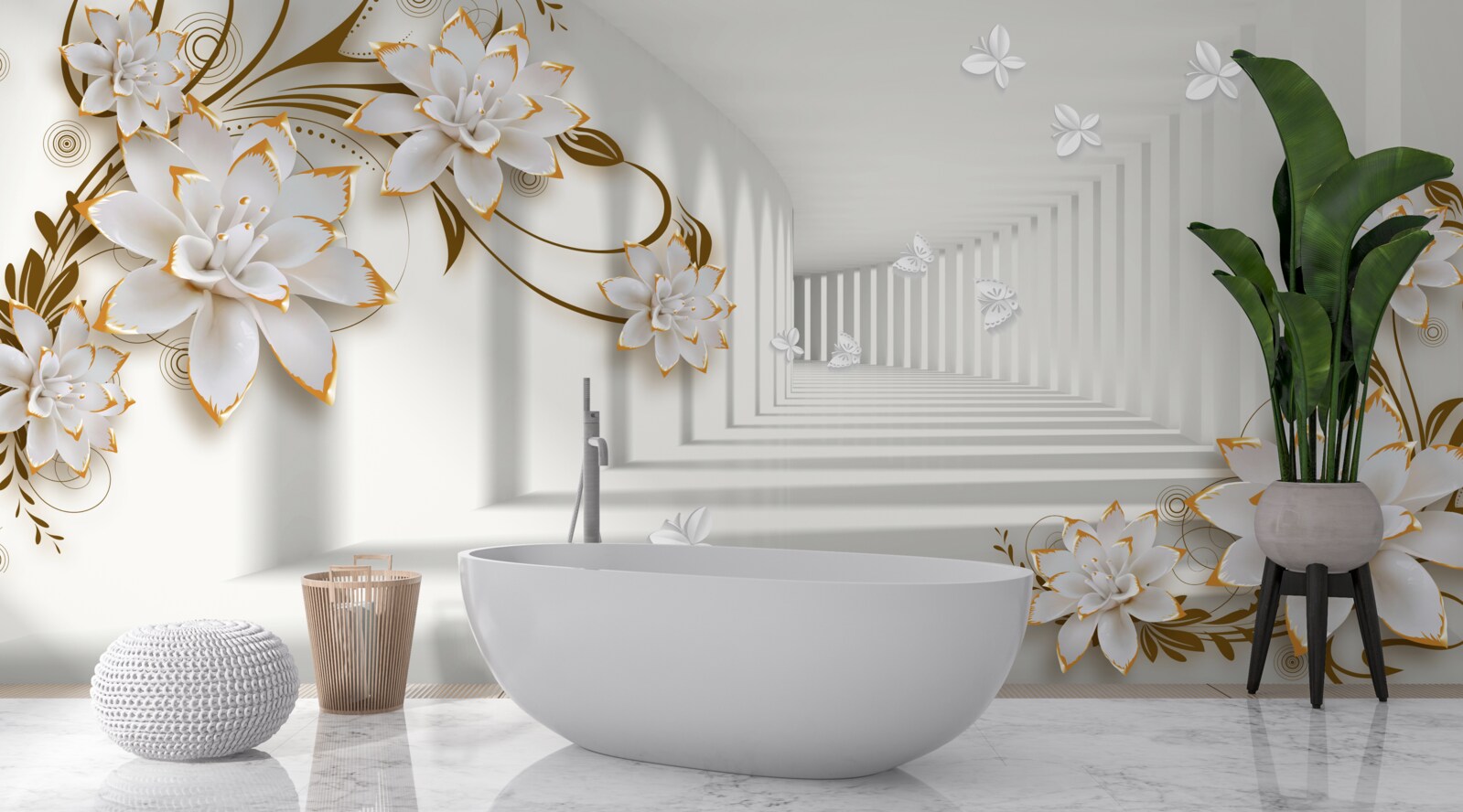 Fotobehang witte lotussen op een abstracte achtergrond, versierd met goud