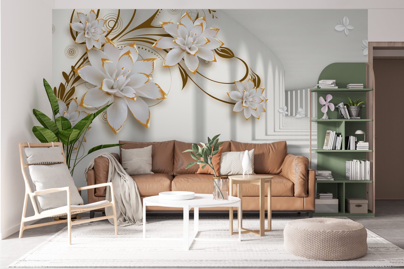 Fotobehang witte lotussen op een abstracte achtergrond, versierd met goud