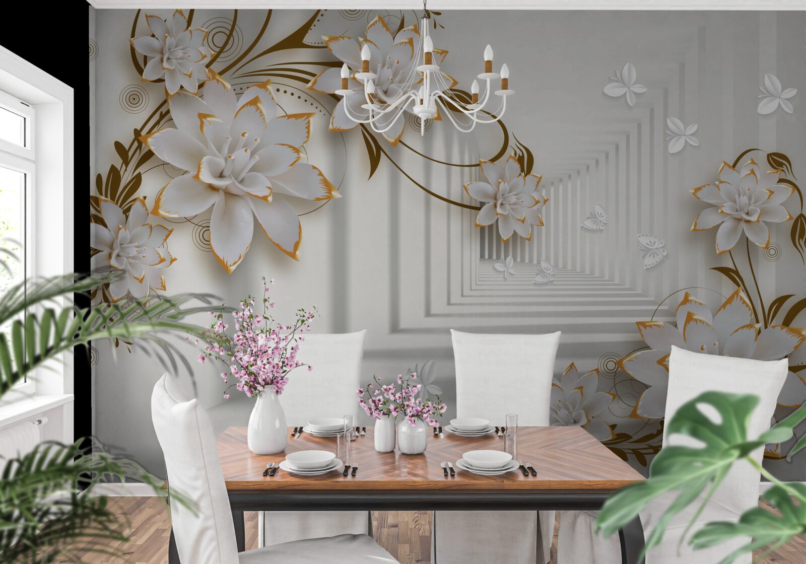 Fotobehang gang van abstractie en gouden lotussen