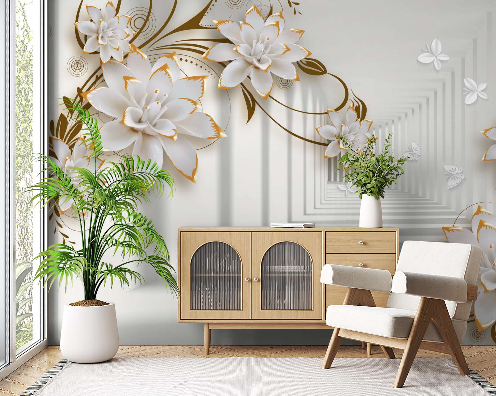 Fotobehang gang van abstractie en gouden lotussen