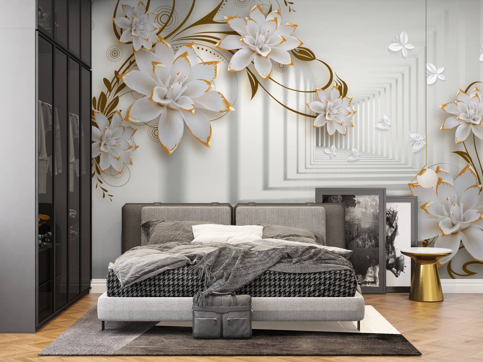 Fotobehang gang van abstractie en gouden lotussen