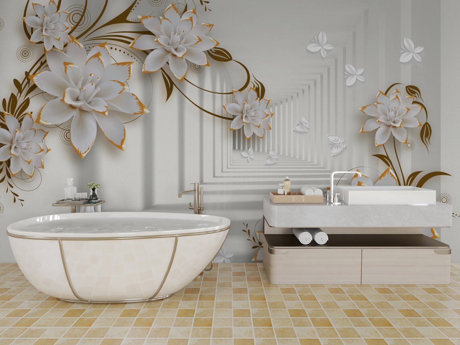 Fotobehang gang van abstractie en gouden lotussen