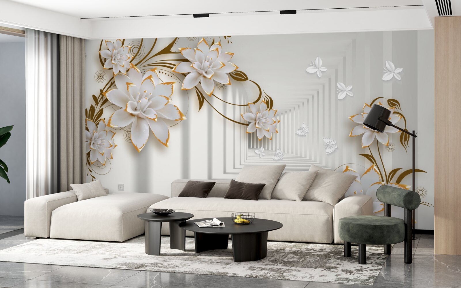 Fotobehang gang van abstractie en gouden lotussen