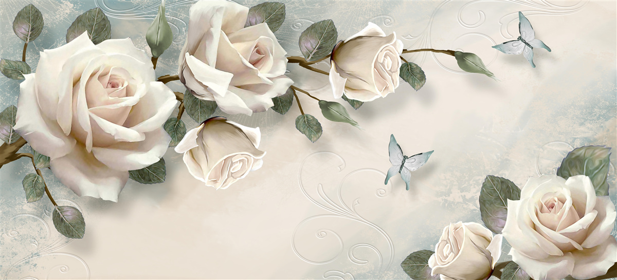 Fotobehang vlinders vliegen langs de takken van een crèmekleurige roos